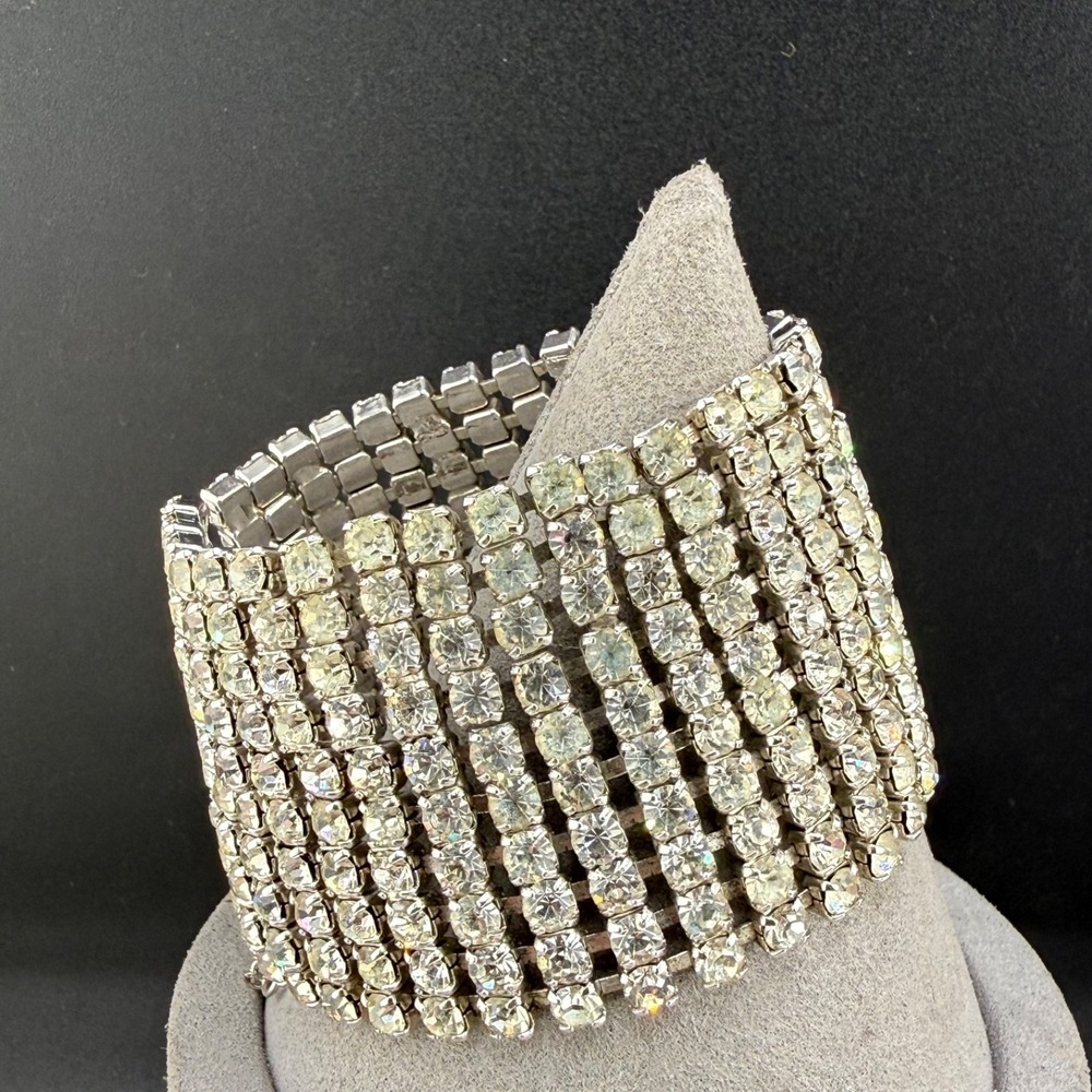 Vintage Wide Rhinestone Bracelet Silver Tone Mega Sparkle 10 Row  7.5" READ